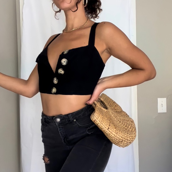 Black Boho Bandeau Style Button Down Open Front Cropped Tank Top - Picture 1 of 4